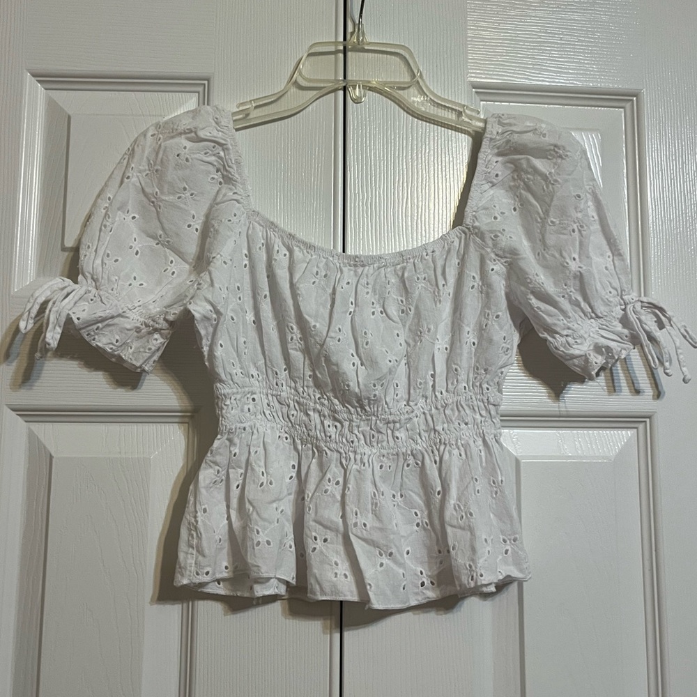 White Eyelet Blouse with Puff Sleeves